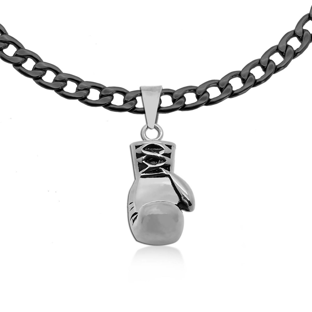 1 Curb Chain Necklace Steel + Pendant Boxing Glove Men Sport Gold Black