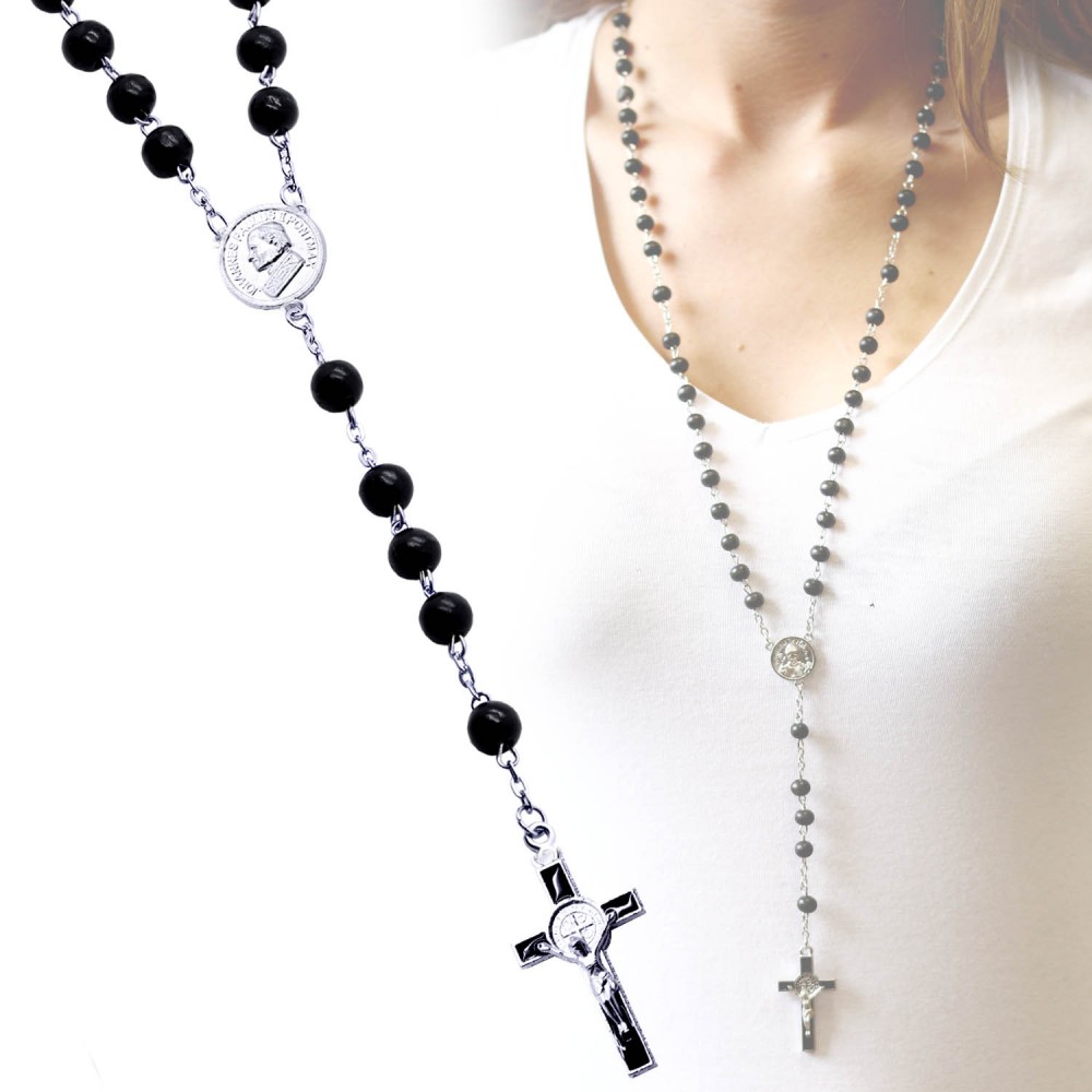 Chapelet En Bois DonDon - Perles Carrées Blanc, Longueur 72 Cm Avec Croix En Bois