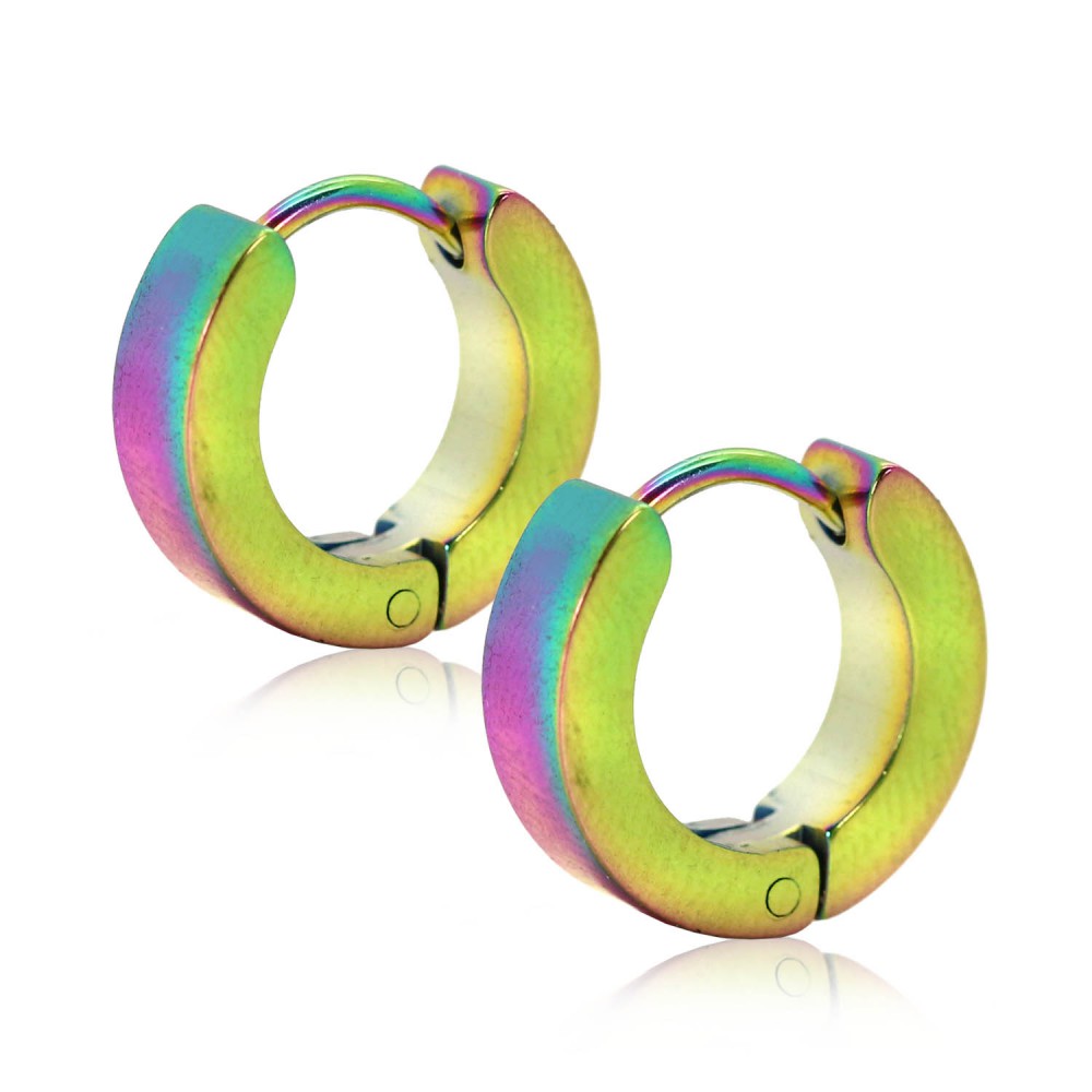 2 Creole Earrings Huggie Hoop Sleeper Studs Unisex Stainless Steel Rainbow
